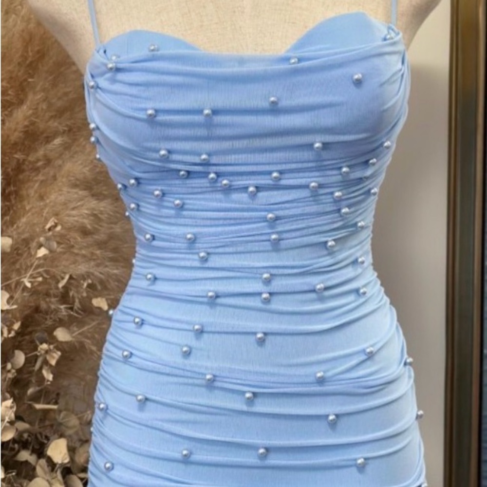 Windsor Light Blue Pearl-Embellished Strapless Bodycon Dress